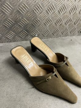 Vintage genuine leather suede heeled mules khaki