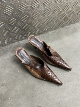 Vintage genuine leather heeled mules with snakeskin brown