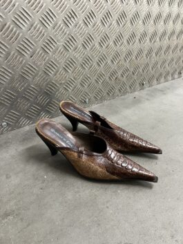 Vintage genuine leather heeled mules with snakeskin brown