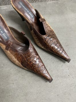 Vintage genuine leather heeled mules with snakeskin brown