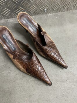 Vintage genuine leather heeled mules with snakeskin brown