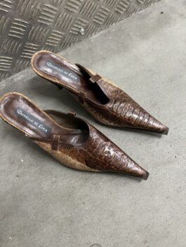 Vintage genuine leather heeled mules with snakeskin brown