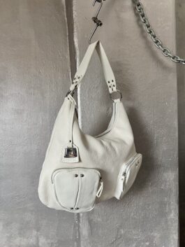 Vintage real leather shoulderbag with silver hardware white