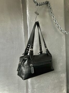 Vintage real leather shoulderbag with buckle straps black