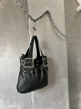 Vintage real leather handbag with buckle straps black