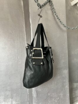 Vintage real leather handbag with buckle straps black