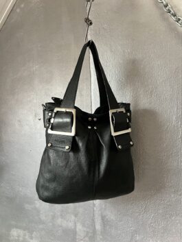 Vintage real leather handbag with buckle straps black