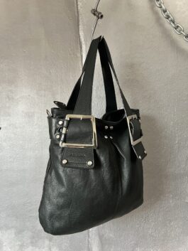 Vintage real leather handbag with buckle straps black