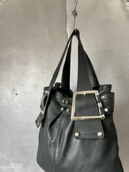 Vintage real leather handbag with buckle straps black