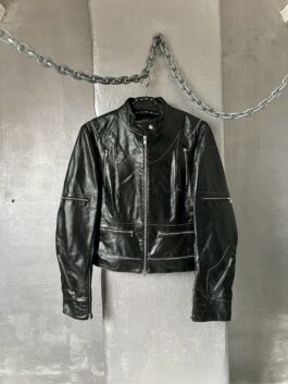 Vintage real leather jacket with zip details black