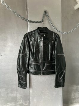 Vintage real leather jacket with zip details black