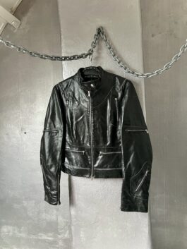 Vintage real leather jacket with zip details black