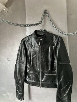 Vintage real leather jacket with zip details black