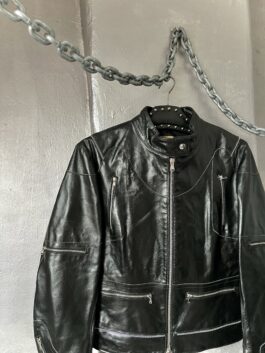 Vintage real leather jacket with zip details black