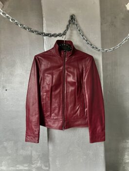 Vintage real leather racing jacket with double zip wine red