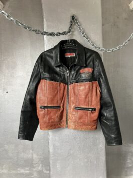 Vintage oversized real leather racing jacket washed red black