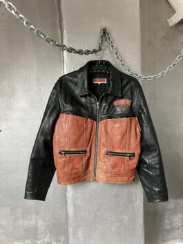 Vintage oversized real leather racing jacket washed red black