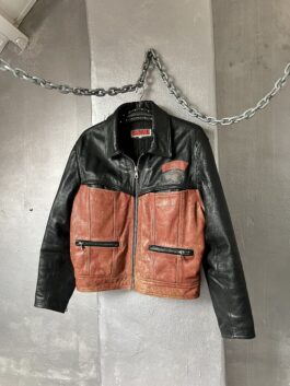 Vintage oversized real leather racing jacket washed red black