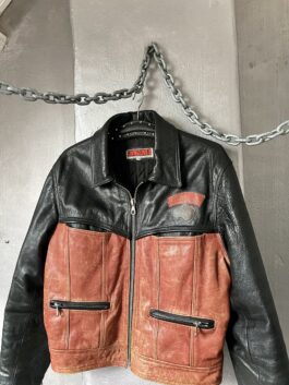 Vintage oversized real leather racing jacket washed red black