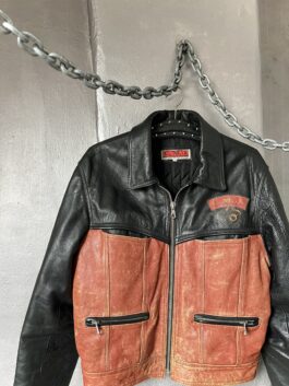 Vintage oversized real leather racing jacket washed red black