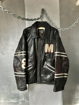 Vintage oversized real leather racing jacket washed black brown