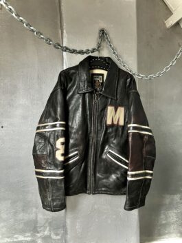 Vintage oversized real leather racing jacket washed black brown