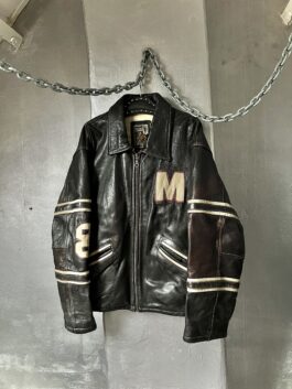 Vintage oversized real leather racing jacket washed black brown