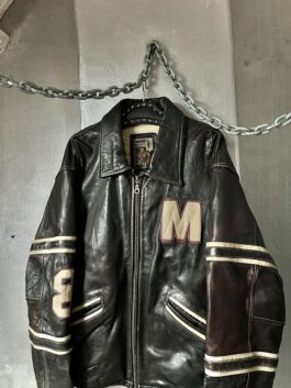 Vintage oversized real leather racing jacket washed black brown