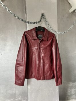 Vintage oversized real leather racing jacket wine red