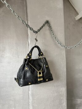 Vintage real leather handbag with gold hardware black