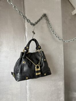 Vintage real leather handbag with gold hardware black