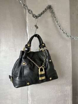 Vintage real leather handbag with gold hardware black