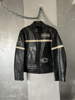 Vintage oversized real leather motorcross racing jacket black creme