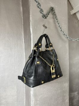 Vintage real leather handbag with gold hardware black