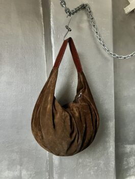 Vintage real leather large suede shoulderbag brown