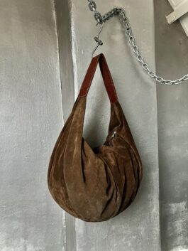 Vintage real leather large suede shoulderbag brown