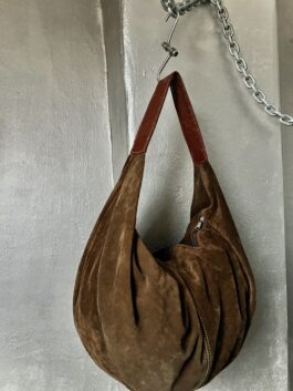 Vintage real leather large suede shoulderbag brown