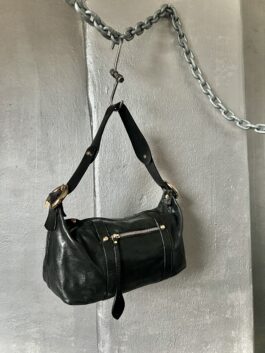 Vintage real leather handbag with gold hardware black