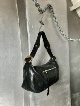 Vintage real leather handbag with gold hardware black