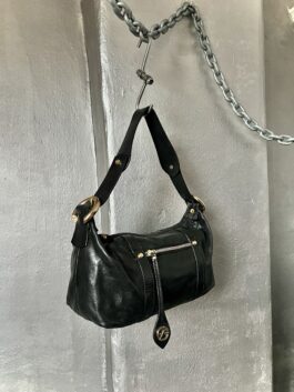 Vintage real leather handbag with gold hardware black