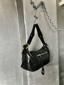 Vintage real leather handbag with gold hardware black