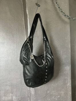 Vintage real leather shoulderbag with silver hardware black