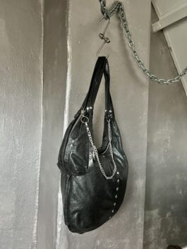 Vintage real leather shoulderbag with silver hardware black