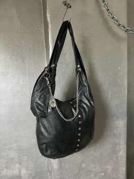 Vintage real leather shoulderbag with silver hardware black