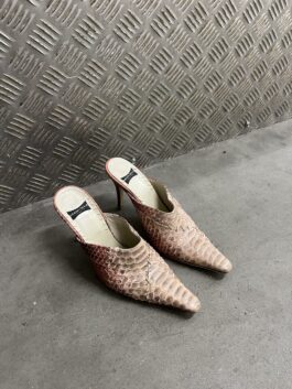 Vintage genuine leather heeled mules with snakeskin pink