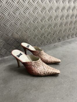 Vintage genuine leather heeled mules with snakeskin pink