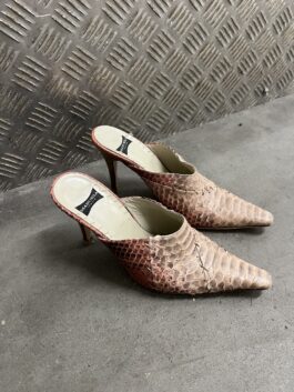 Vintage genuine leather heeled mules with snakeskin pink