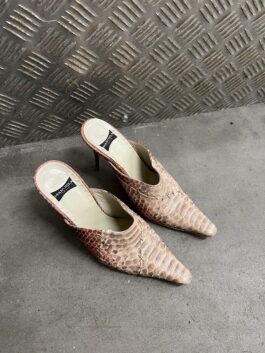 Vintage genuine leather heeled mules with snakeskin pink