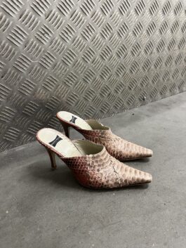 Vintage genuine leather heeled mules with snakeskin pink