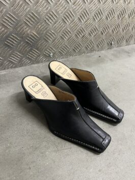 Vintage genuine leather heeled mules black